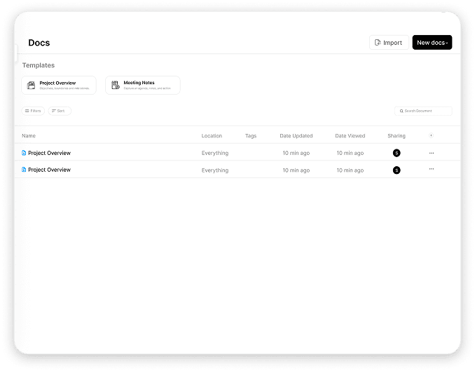 clicsHQ Docs dashboard with templates and document list