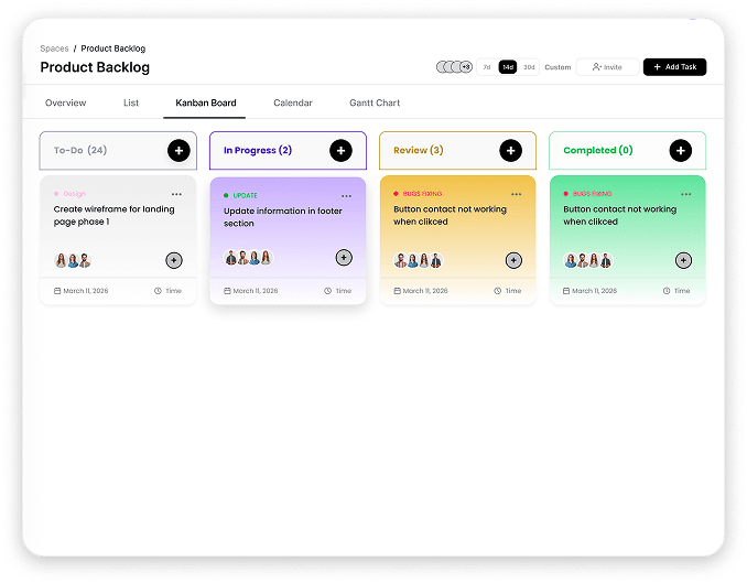 clicsHQ Kanban board with To-Do, In Progress, Review, and Completed columns