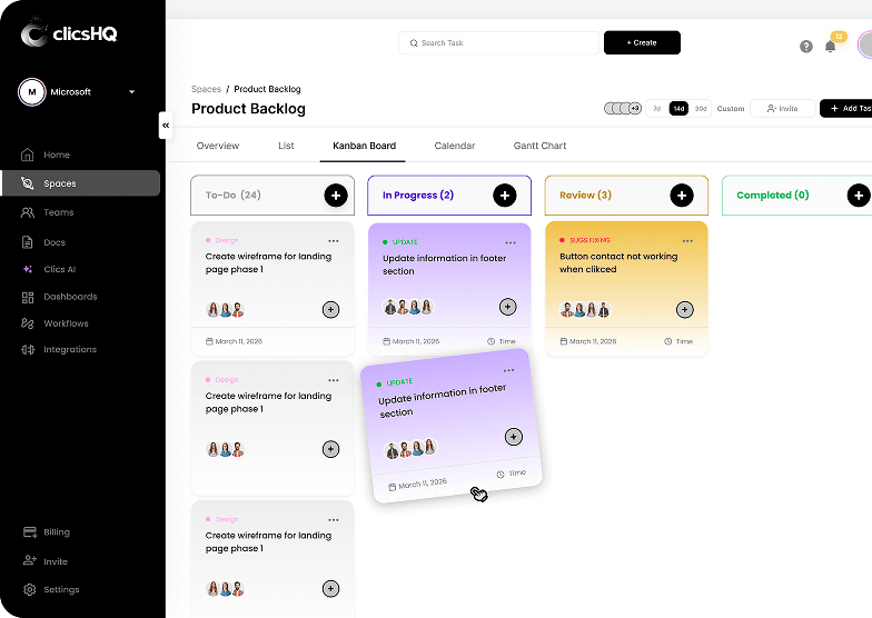 clicsHQ Kanban board